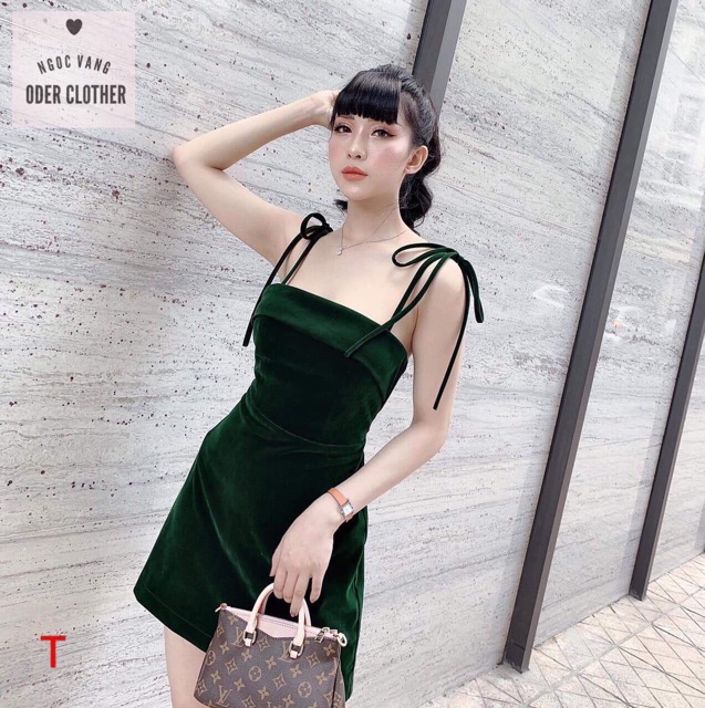 Đầm 2 dây nhung, váy nhung cột nơ ôm body D272