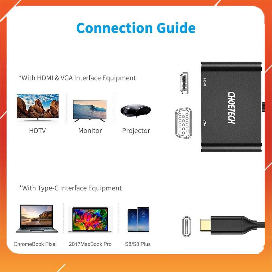 Hub chia cổng đa năng 2 in 1 Type-C ra VGA Full HD & HDMI chuẩn 4K hiệu CHOETECH M07BK dành cho Macbook Pro / Smartphone