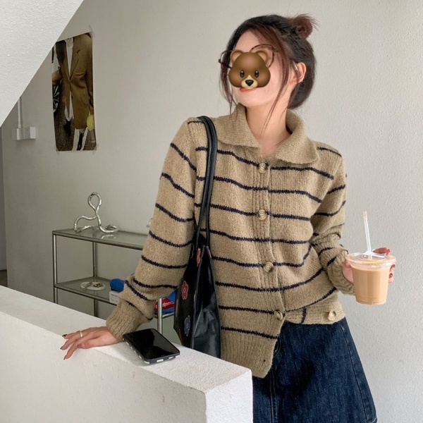 ZHELIHANGFEI Áo Sweater Dệt Kim Tay Dài Dáng Rộng Cổ POLO Họa Tiết Kẻ Sọc Dễ Phối Đồ Thẻ