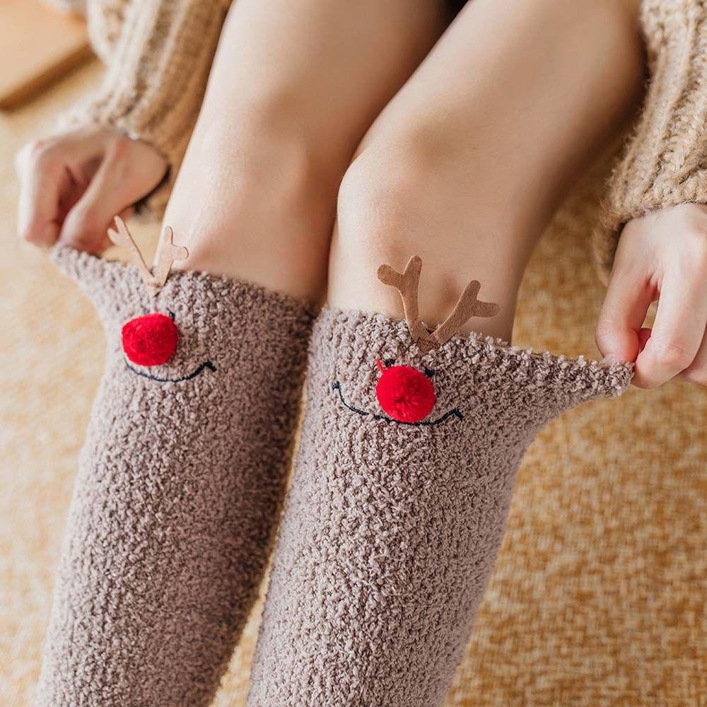 Vớ Lông Cừu San Hô Mềm Mại Cổ Cao In Hình Gấu Hoạt Hình Dễ Thương Thích Hợp Làm Quà Tặng Mùa Thu Đông