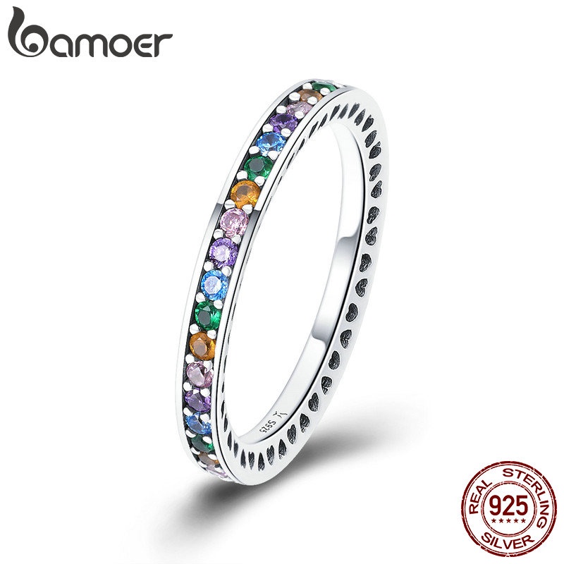 Nhẫn Đính Hôn Bamoer SCR392 Đính Đá Pha Lê CZ Hình Tròn Nhiều Màu Sắc Lấp Lánh Nổi Bật