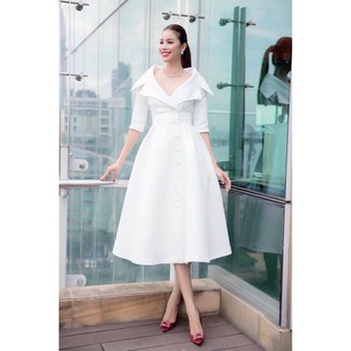 Đầm xòe trắng kiểu cổ vest tay lỡ