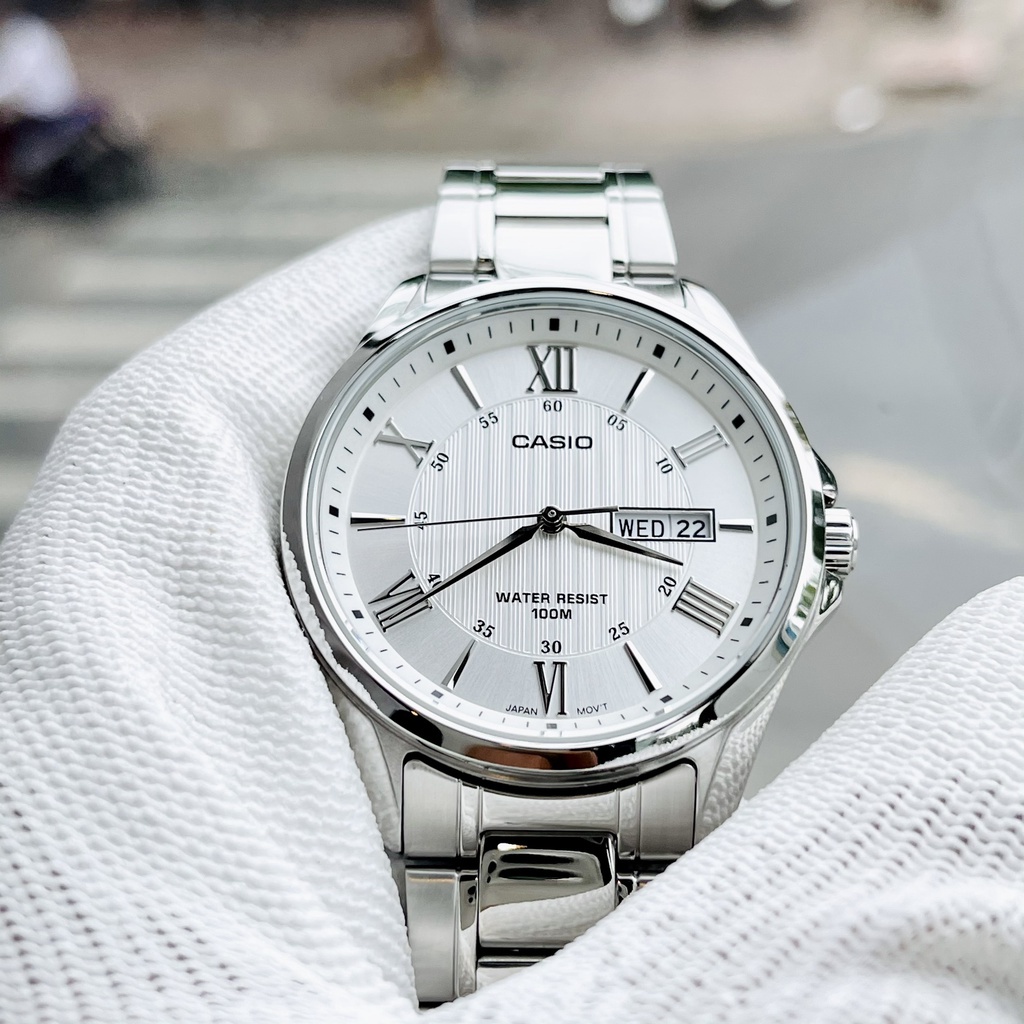 Đồng hồ Nam Casio MTP-1384D-7AV, đồng hồ chính hãng, dây bạc mặt trắng