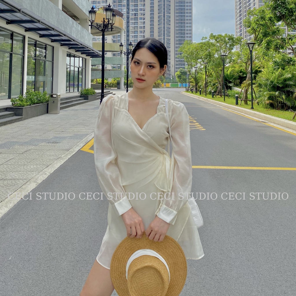 Váy Dáng Xòe Thắt Nơ Eo Tay Bồng Tiểu Thư Cực Xinh Dành Cho Nữ