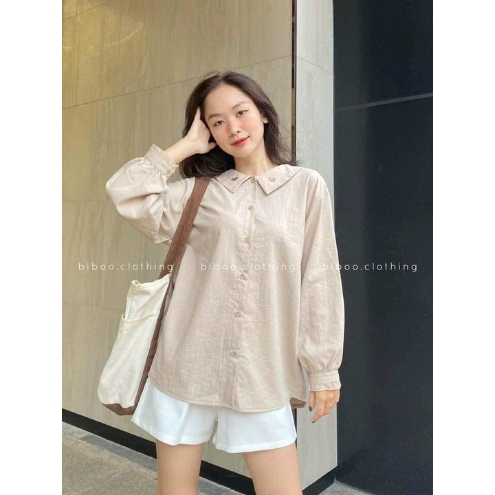 Áo sơ mi nữ dài tay form rộng thêu trái tim vải đũi 2 màu basic lạ mắt