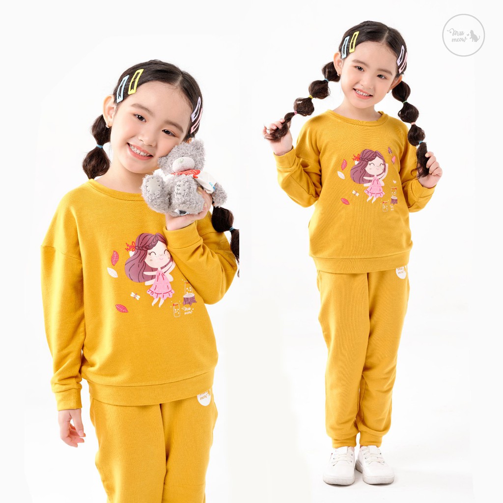 [Made in Vietnam] Bộ dài tay bé gái BIGFOX - MISS MEOW size đại, bộ thu đông cho Bé chất cotton in Thiên Thần 3-11 tuổi