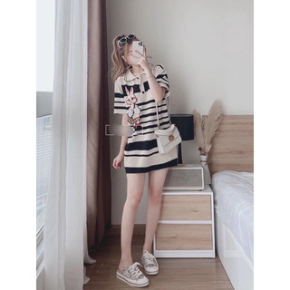 Đầm len suông cổ sơmi kẻ ngang thêu hình Thỏ năng động, chất vải chuẩn Quảng Châu - HOT