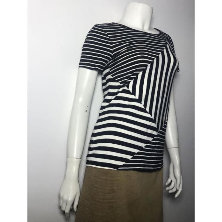 Áo kiểu thun nữ hiệu Calvin Klein tay ngắn cổ tròn sọc trắng đen size XS chính hãng New
