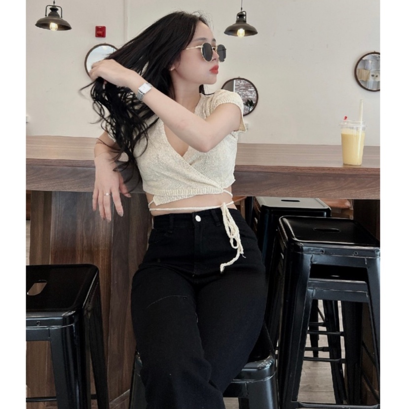 Áo Croptop Vạt Buộc Chéo Cổ Chữ V Sexy Lưng Tim - Hanju