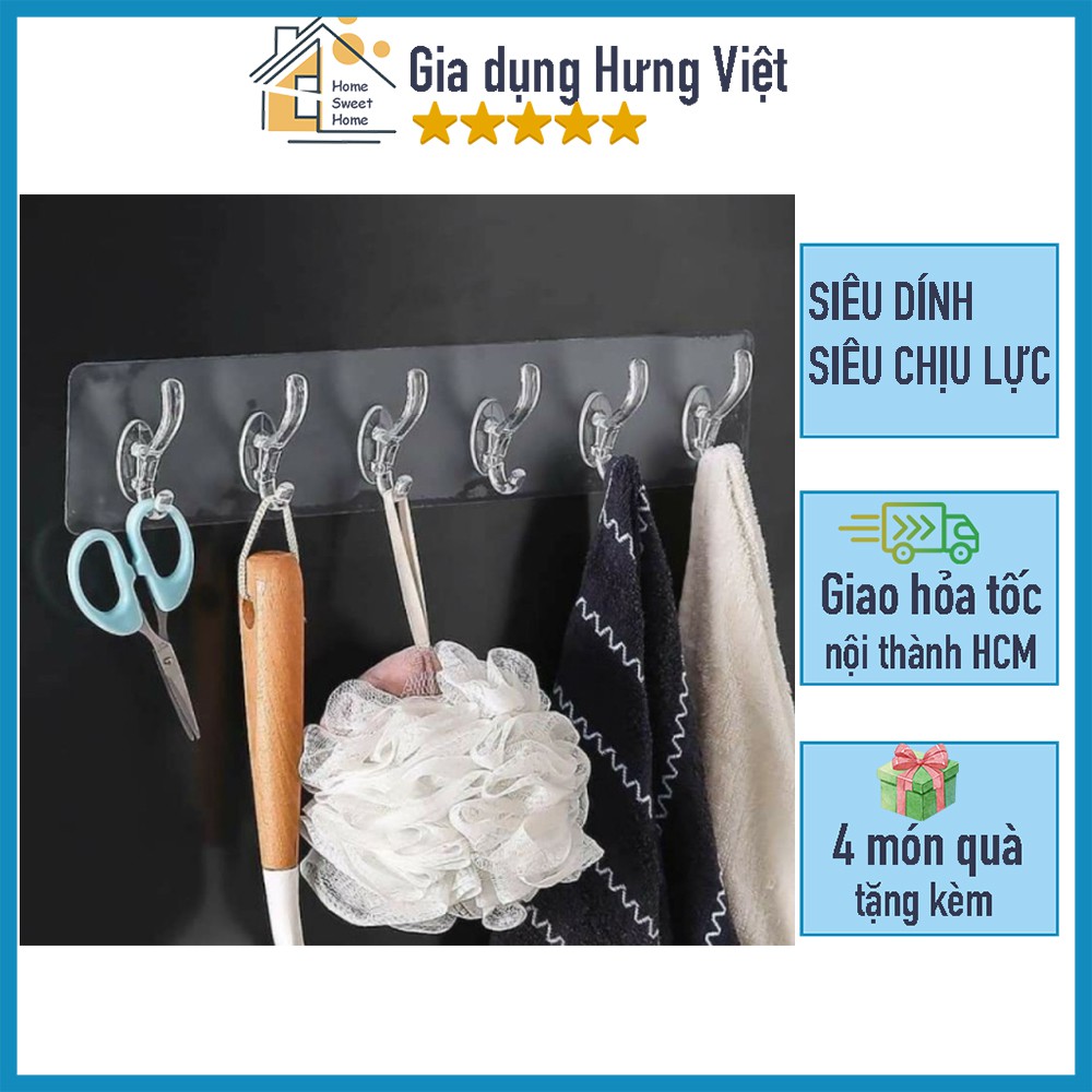 Thanh treo đồ 6 móc trong suốt siêu dính, chịu lực, chắc chắn, tiện lợi [MÓC 6]