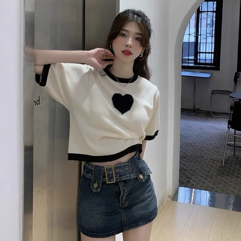 NZN Áo thun crop top tay ngắn in họa tiết trái tim phong cách Hàn Quốc dễ thương dành cho nữ