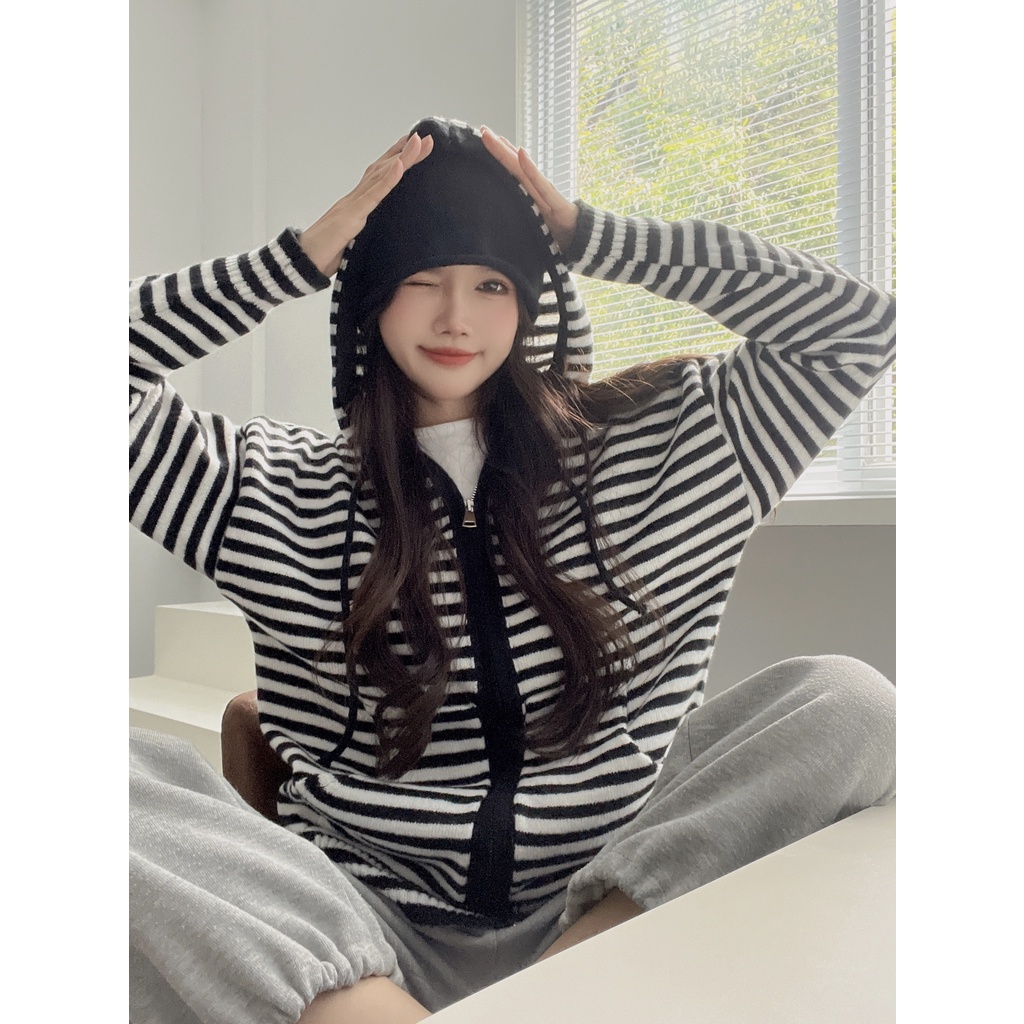 DUNEA Áo Khoác Cardigan Có Nón Họa Tiết Kẻ Sọc Màu Tương Phản Cho Nữ