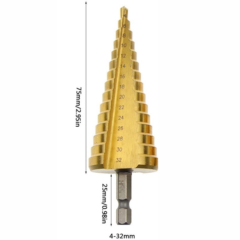 Mũi Khoan Lỗ Hình Nón 4-32mm HSS Bằng Thép Titan Mạ Titan Tốc Độ Cao