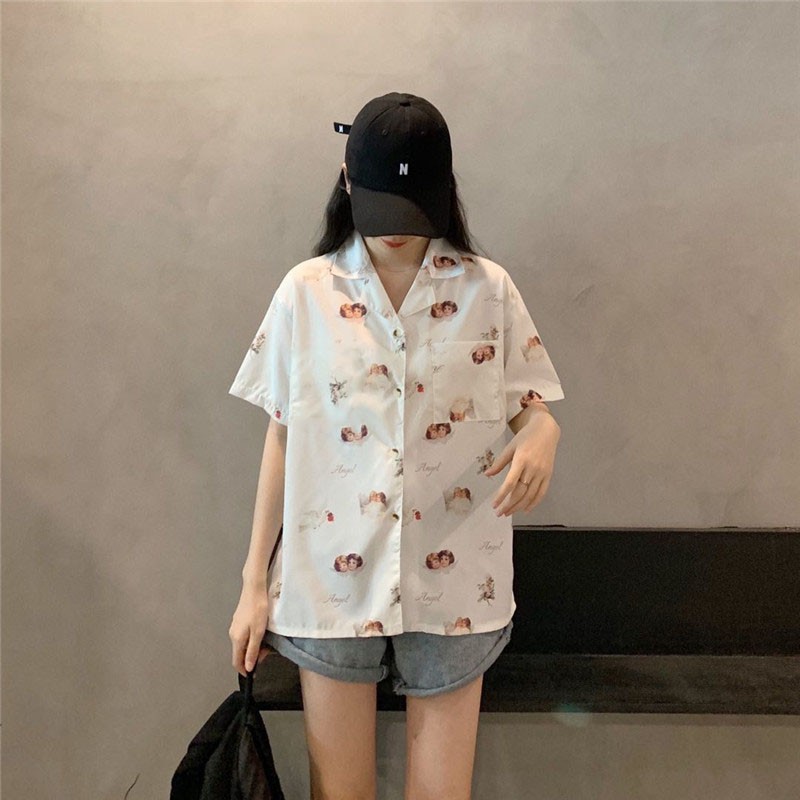 LEEVA - Áo sơ mi họa tiết Angel mùa hè thoáng mát: Angel đen