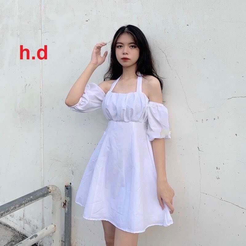 Váy đầm nữ cổ yếm buộc dây trễ hở vai nhún ngực màu đen, trắng dáng chữ A, xòe ngắn mini freesize sexy hàn quốc