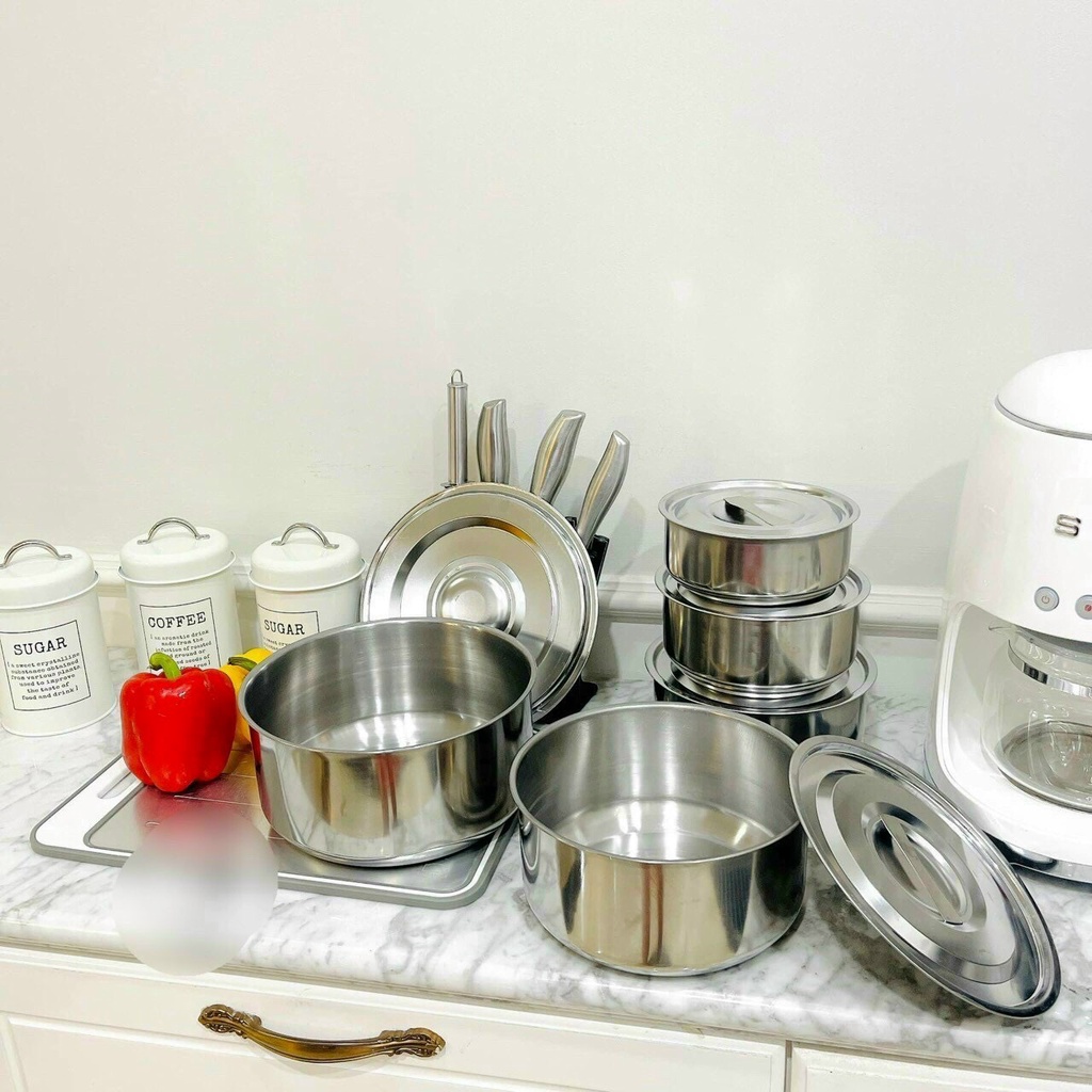 Bộ 5 thố Inox có nắp không quai đậy đủ kích thước cao cấp