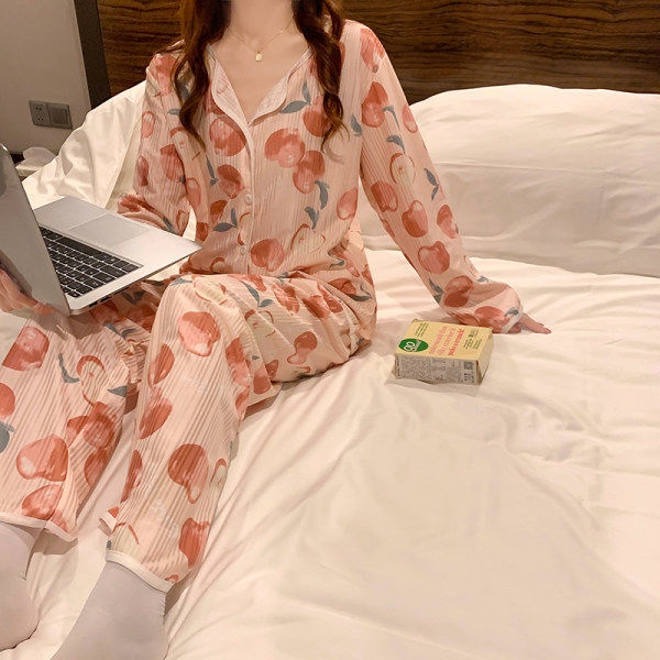 Set Đồ Ngủ Dài Tay In Họa Tiết Trái Đào Thời Trang Mùa Thu Mới Cho Nữ