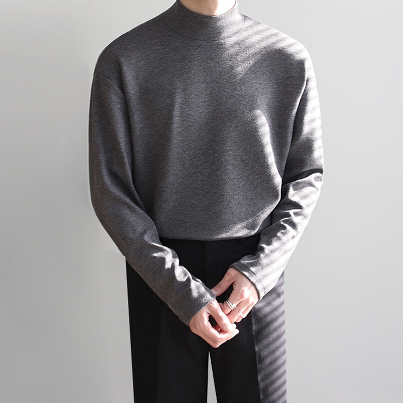 ✦AFFLIGA✦Áo Thun Cotton Tay Dài Cổ Cao Màu Trơn Đơn Giản Thoải Mái Thời Trang Hàn Quốc Cho Nam