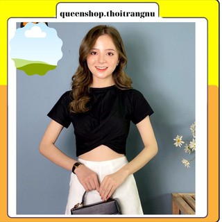 Áo thun croptop nữ xoắn eo , áo phông body cổ tròn Queenshop
