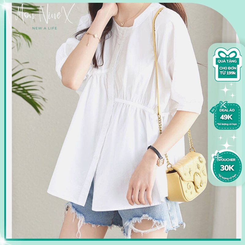 Áo Sơ Mi Cổ Tròn Tay Lửng Lệch Tà Mon NineX , Áo Sơ Mi Lệch Tà Dáng Rộng Tiểu Thư Xinh Xắn