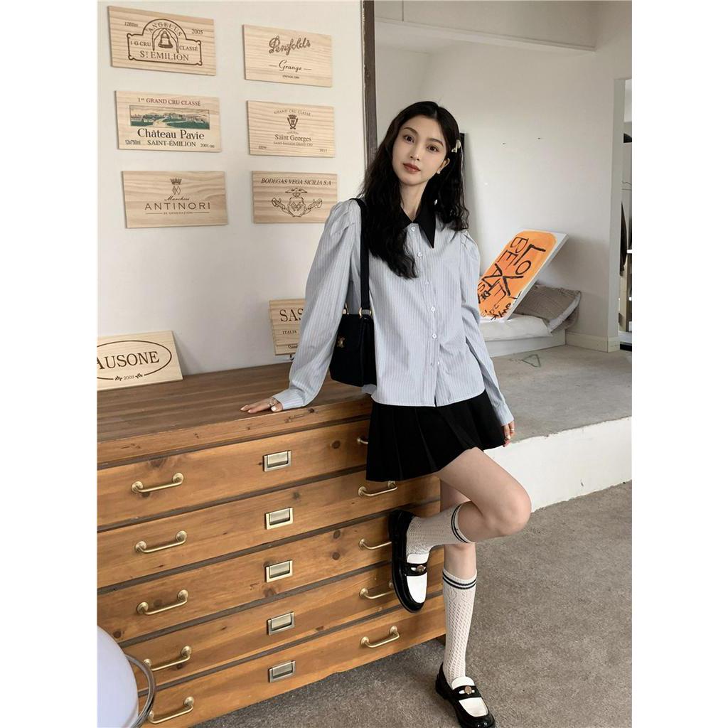 Áo Sơ Mi Kẻ Sọc Dài Tay Màu Sắc Tương Phản Phong Cách preppy 66638