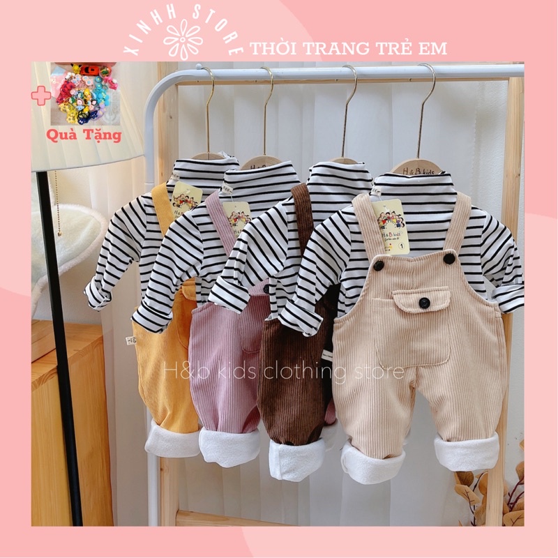 Sét Yếm Nhung Tăm Kèm Áo Dài Tay Cho Bé Trai, Bé Gái 8-18kg, Sét Yếm Hai Dây Cho Bé