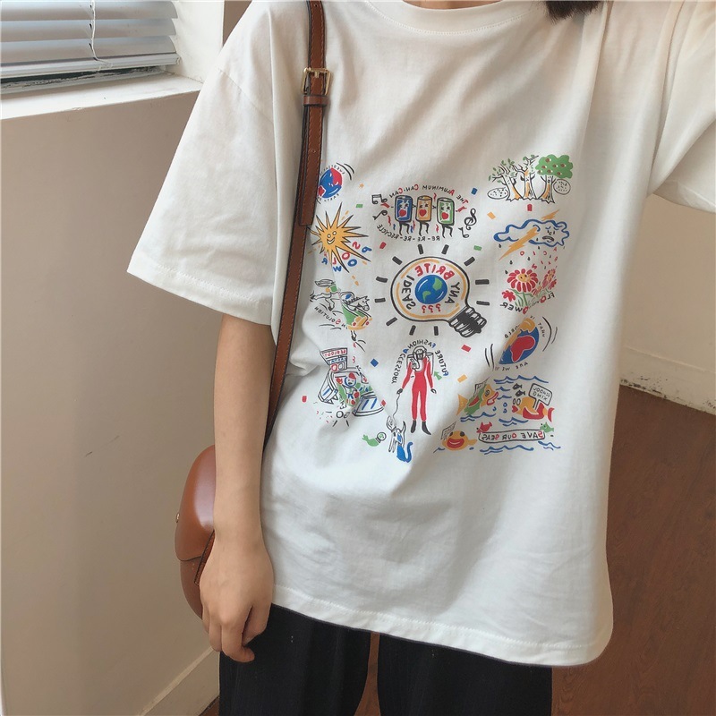 Spot 🌸 | Japanese big version of casual wild loose model print T-shirt round neck short-sleeved summer INS tide student thin women's clothing