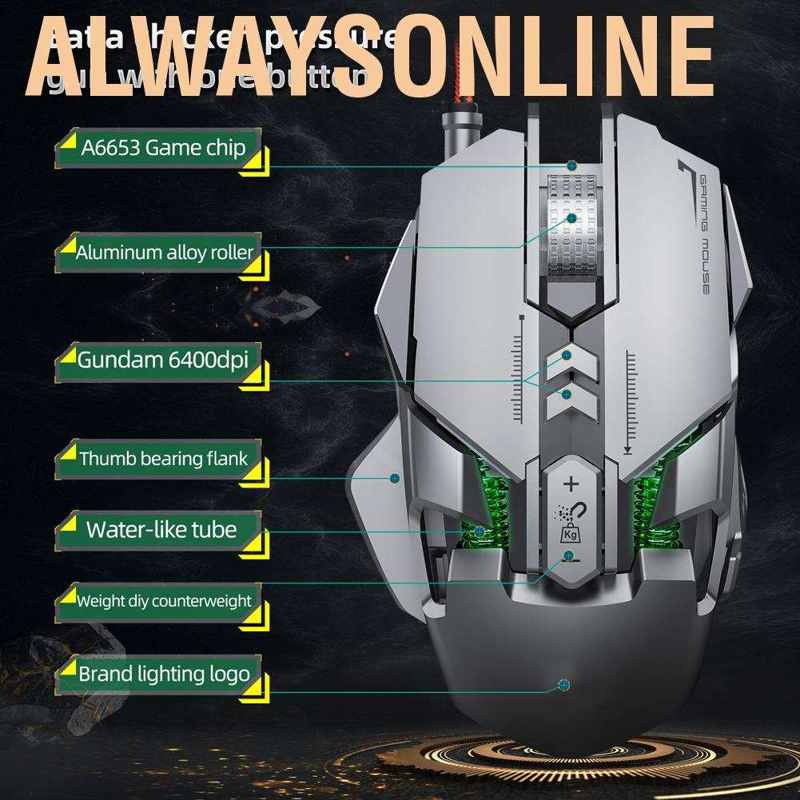 Chuột Gaming Alwaysonline Có Dây Đèn Led Nền 6400dpi 7 Nút Cho Win10