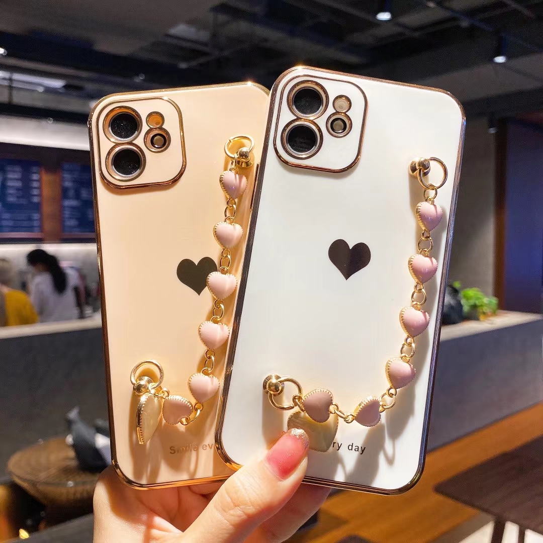 iPhone 12 Pro case Luxury Plain Gold Plating Lanyard Phone Case for iPhone 7 8 Plus se 2020 11 Pro Max X XR XS Max Glitter Soft TPU Silicon Cover