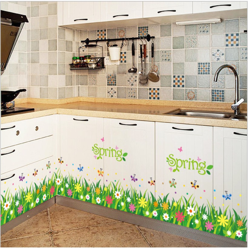 Decal dán chân tường - cỏ xanh hoa lá 01