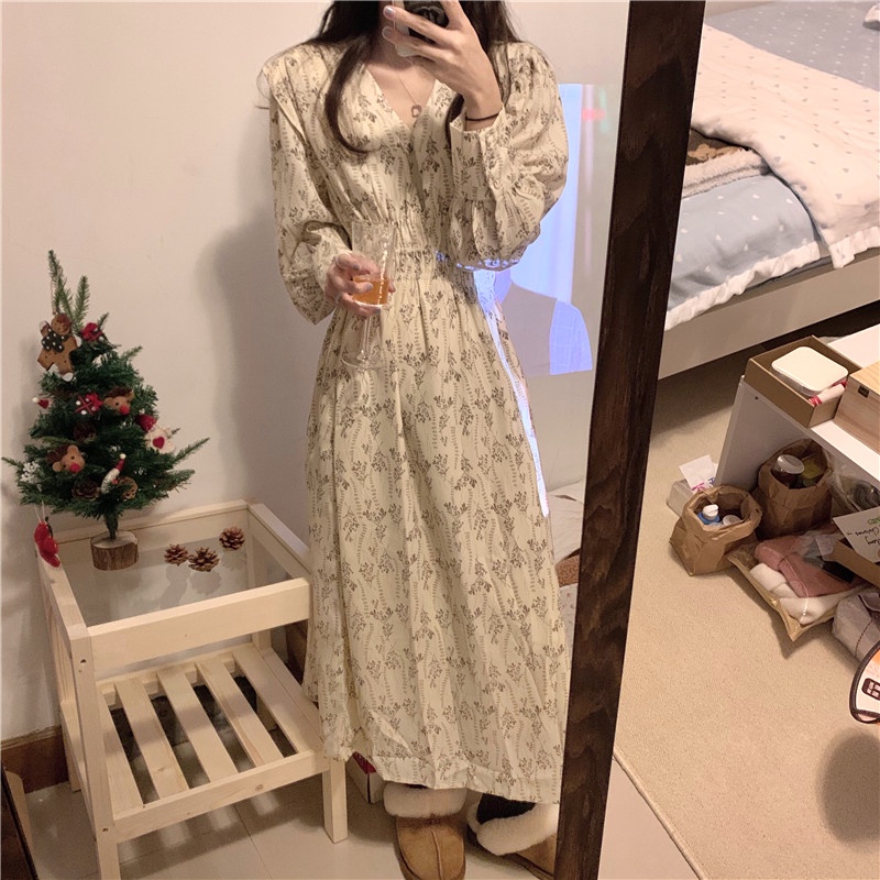 Đầm maxi SUXI tay dài cổ chữ v in họa tiết hoa phong cách Hàn Quốc cổ điển thời trang mùa thu cho nữ