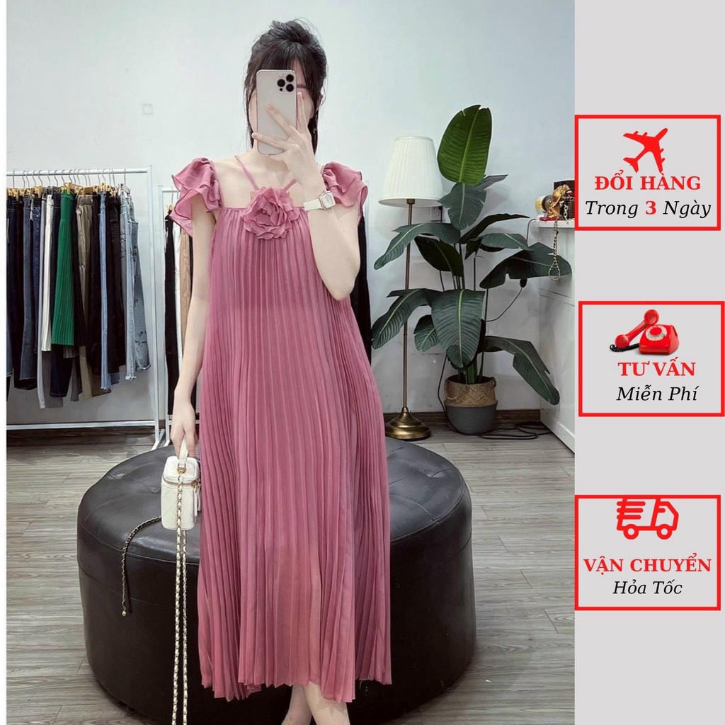 Váy dập ly nữ cổ yếm đính hoa ngực tay bồng dáng suông dài maxi đi biển du lịch ulzzang Hàn Quốc đầm bầu