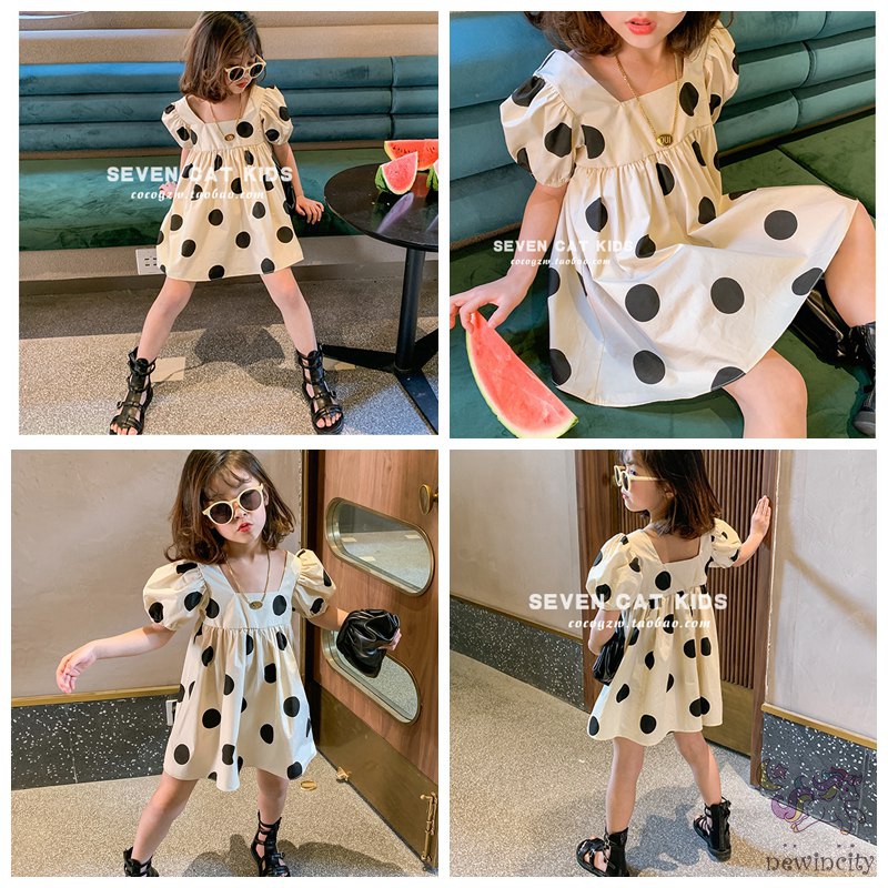 Đầm Bé Gái Chấm Bi Tay Phồng Phong Cách Hàn Quốc