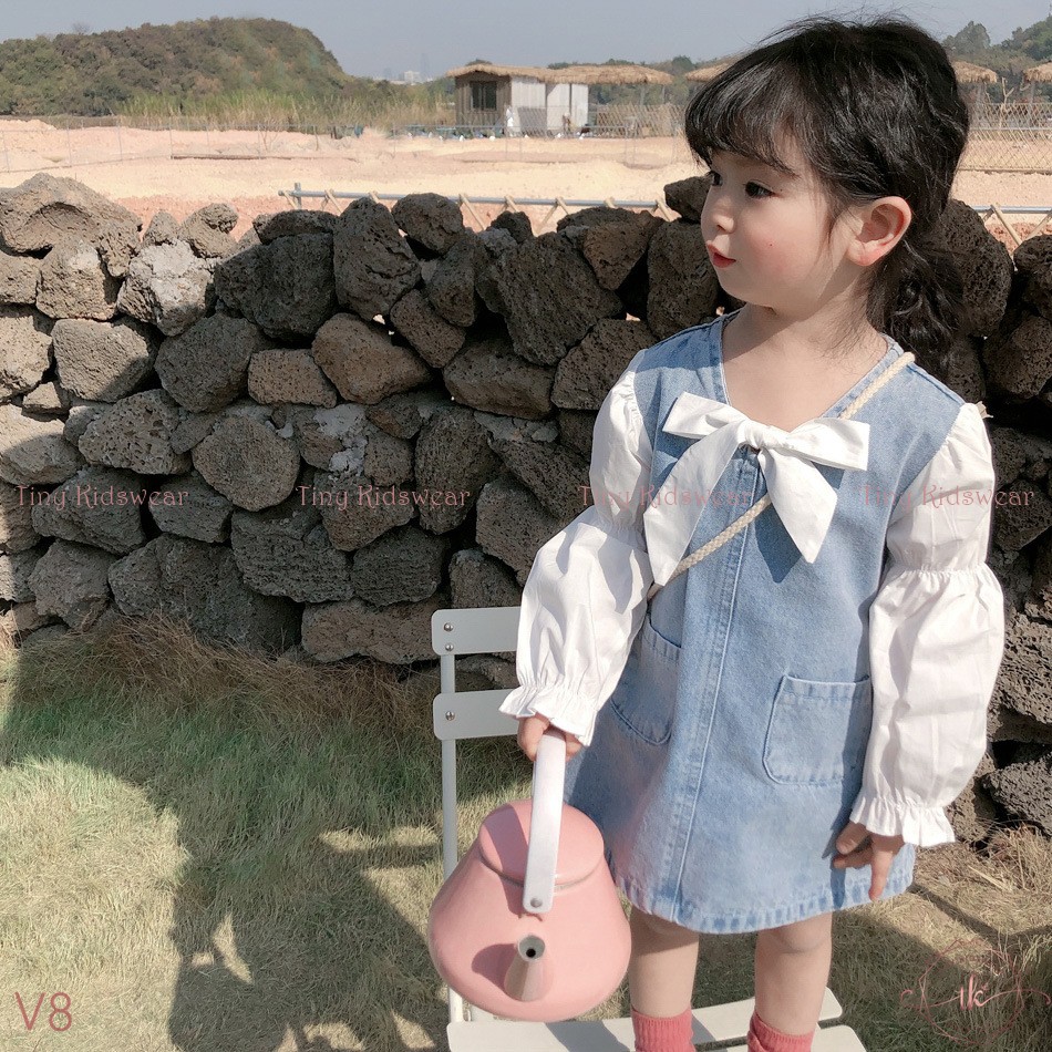 Váy Đầm Jean Dài Tay Nơ Ngực Cho Bé Gái Từ 9-17kg [V8]
