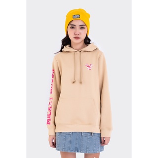Áo hoodie boo nữ dáng regular thêu logo mickey và graphic mickey trên tay áo