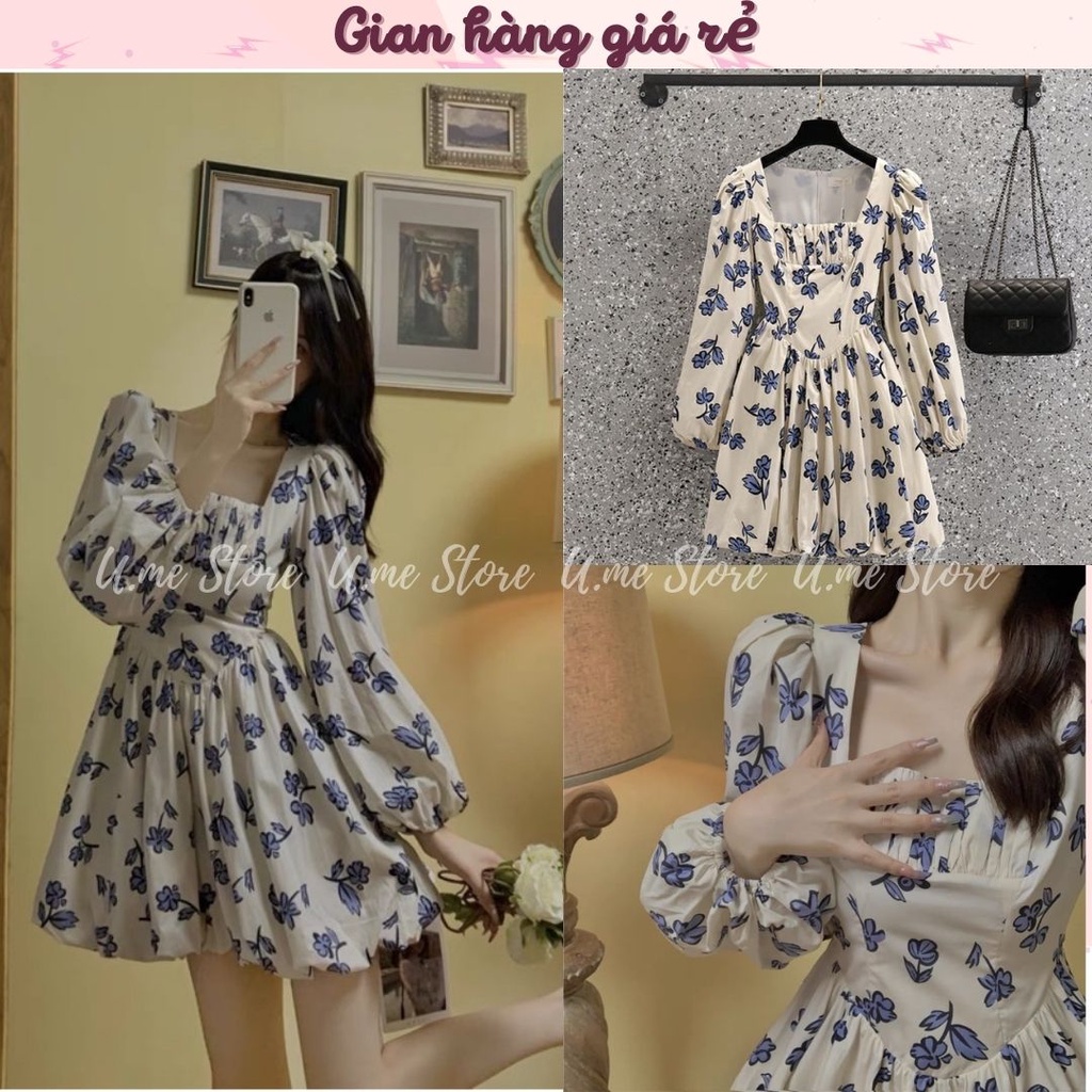 BABY Dress - Váy đầm hoa nhí xanh dài tay cổ vuông thiết kế dúm ngực Ulzzang bồng bềnh nhẹ nhàng tiểu thư Hàn Quốc