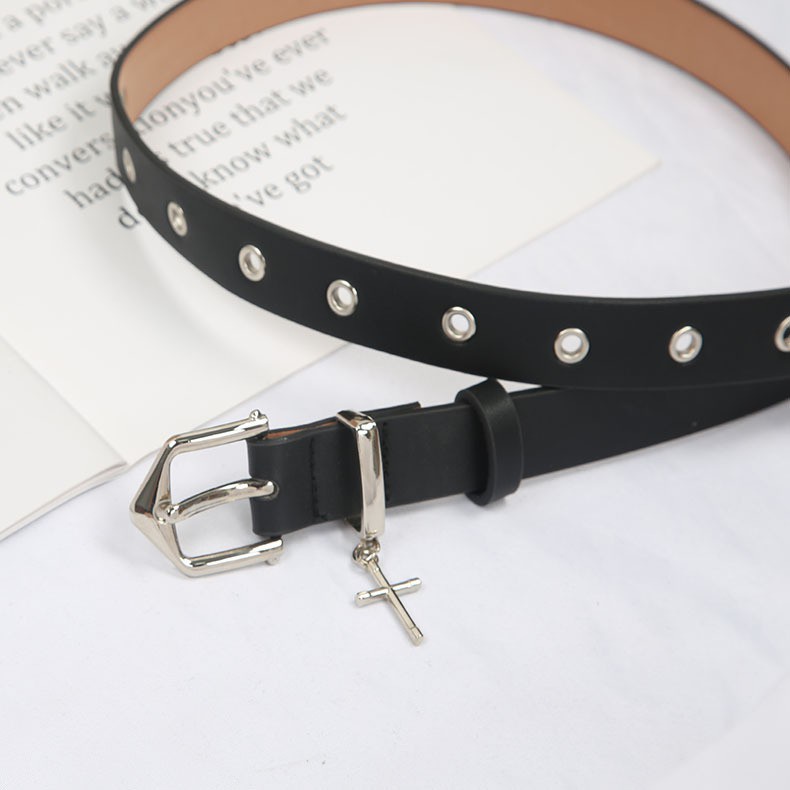 Dây nịt lưng unisex BROO bấm lỗ đính chữ thập màu bạc, thắt lưng ulzzang bản dây 2.3cm phù hợp nam nữ