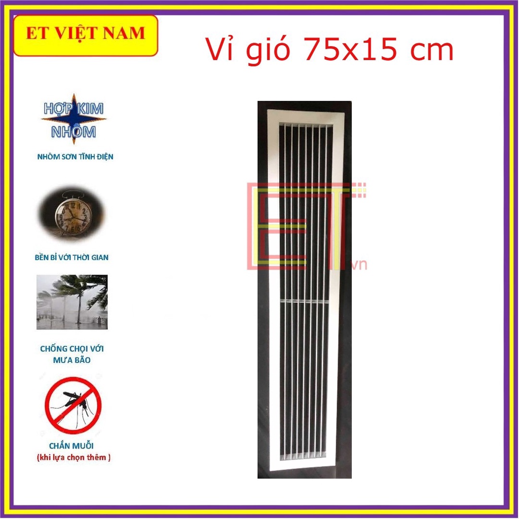 Mặt thông gió - trong nhà hình chữ nhật 75x15, BH 12 tháng, nhôm định hình sơn tĩnh điện, chịu nhiệt, không biến đổi màu