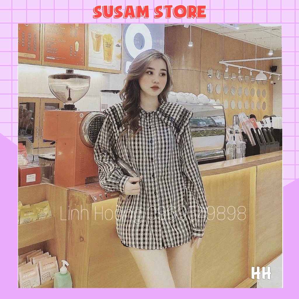 Áo sơ mi kiểu cổ may cách điệu viền ren dáng suông cực sang chảnh SS106
