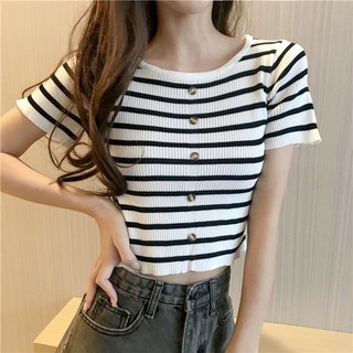 Áo len nữ kẻ cộc tay croptop