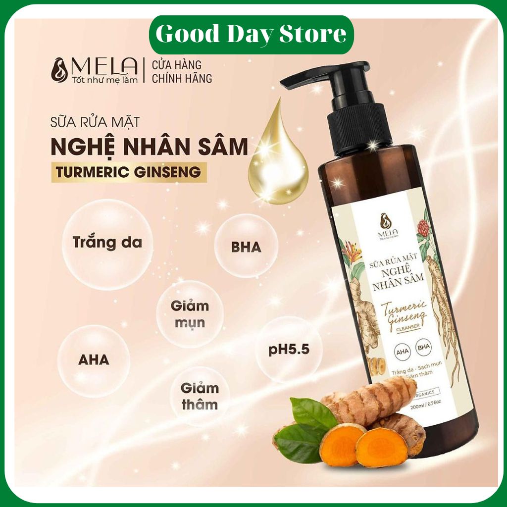 Sữa rửa mặt Mela chai 200ml, Sữa rửa mặt nghệ nhân sâm làm sáng da,giảm mụn,ngừa thâm Mela