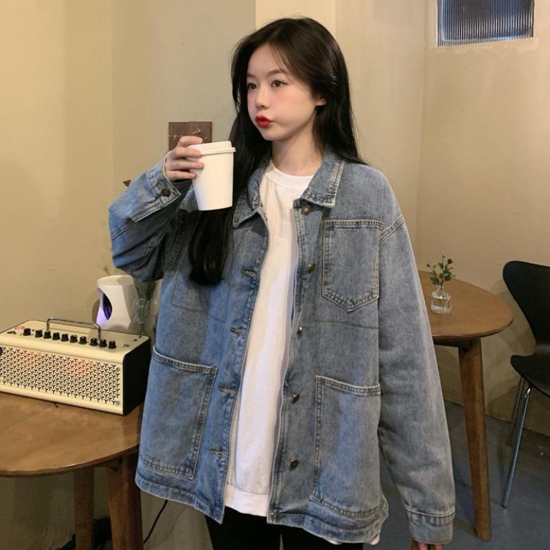 Áo Khoác Denim Tay Dài Dáng Rộng Phong Cách Hàn Quốc Thời Trang Xuân Thu Cho Nữ
