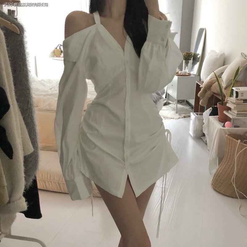 Đầm Sơ Mi Trắng Dài Tay Cổ Chữ v Trễ Vai Eo Rút Dây Thời Trang Cho Nữ