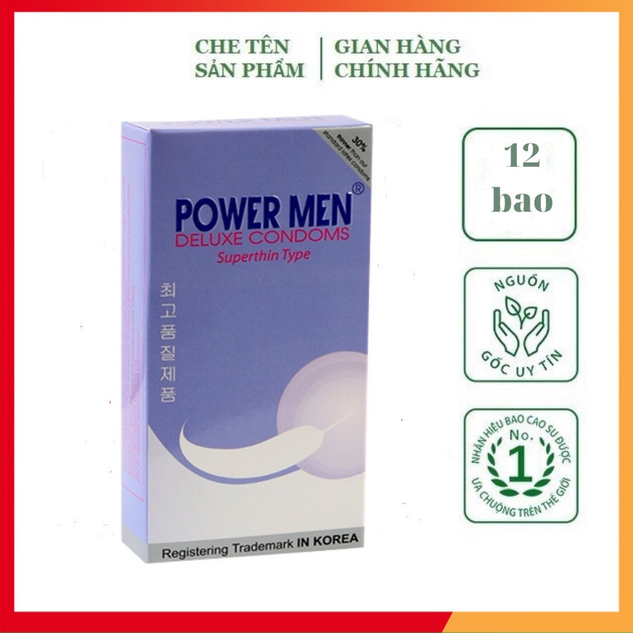 Bao cao su Power Men Superthin Type, siêu mỏng nhiều gel bôi trơn, hộp 12 bcs