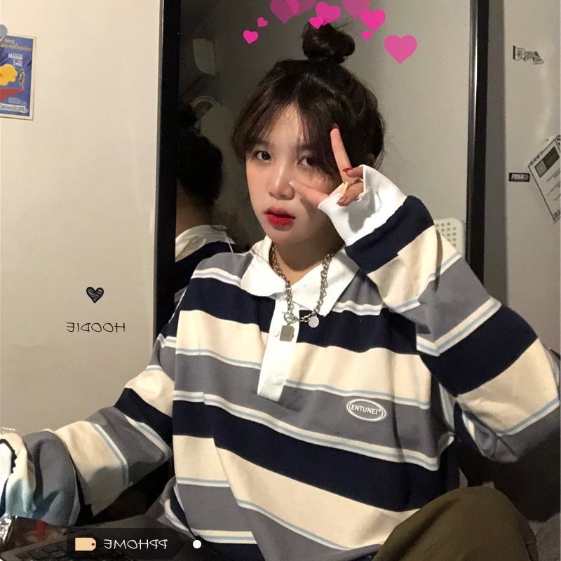 SUXI Áo thun cổ polo họa tiết kẻ sọc dáng rộng phong cách Hàn Quốc năng động cho nữ