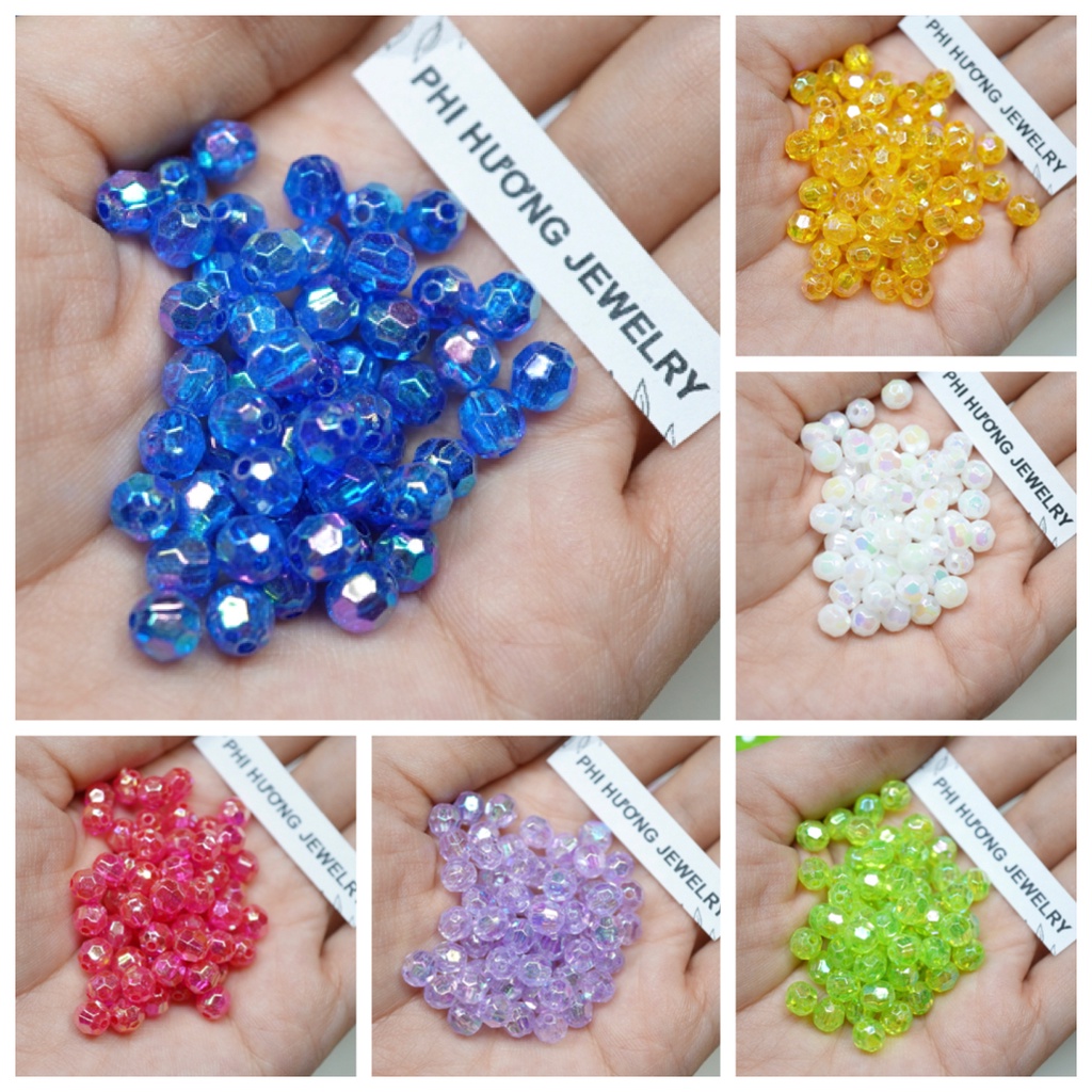Gói 200 Hạt Cườm Nhựa 6Mm - 8Mm Đủ Màu, Cườm Góc Cừ Đính Kết