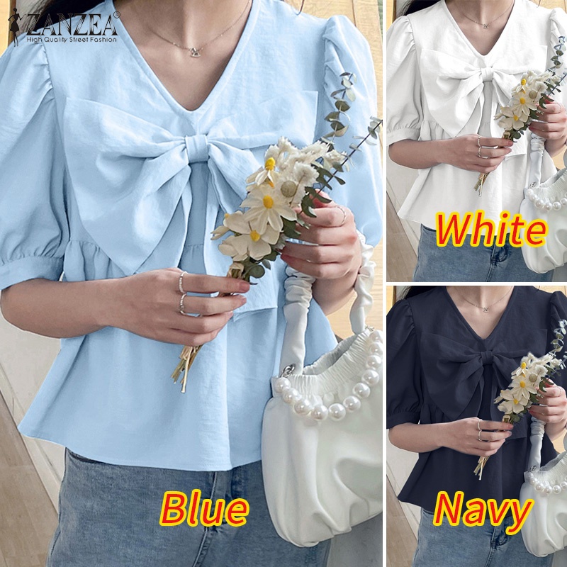 Áo sơ mi Zanzea tay ngắn cổ chữ V thắt nơ màu trơn thời trang phong cách Hàn Quốc dành cho nữ