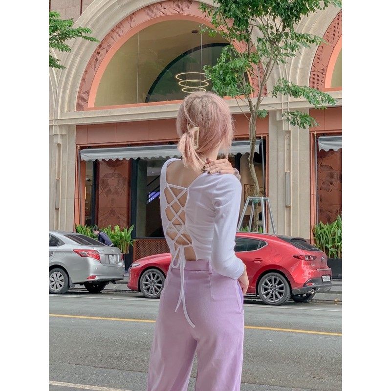 Áo croptop tay dài thun đan dây sau lưng