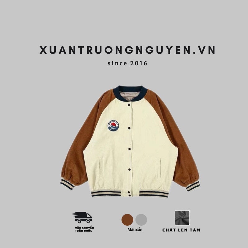 Áo khoác bomber varsity jacket nam nữ in logo chất len tăm màu xám, nâu cổ điển