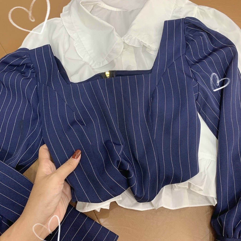 Áo crop cổ vuông navy  KÈM ẢNH THẬT  BAO KIỂM ❌